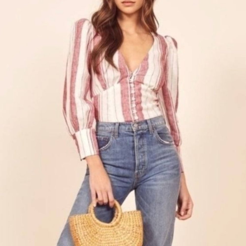 Reformation Linen Finnegan Top Savannah Red Stripe in Size 0